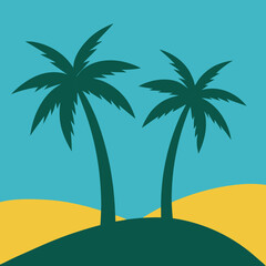 Two palm trees on either side and a hill in the middle