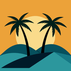 Two palm trees on either side and a hill in the middle