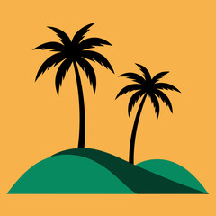 Two palm trees on either side and a hill in the middle