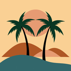 Two palm trees on either side and a hill in the middle