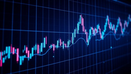 stock market chart, candlestick graph, financial data visualization, glowing neon lines, blue and pink colors, digital display, trading analysis, economic trends, investment dashboard, futuristic inte