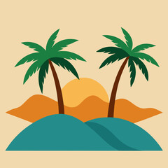 Two palm trees on either side and a hill in the middle