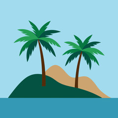 Two palm trees on either side and a hill in the middle