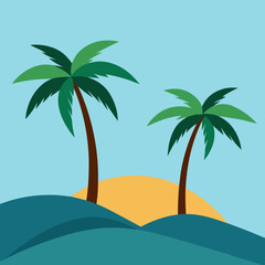 Two palm trees on either side and a hill in the middle