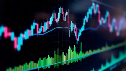 stock market chart, candlestick graph, financial data visualization, glowing neon lines, blue and pink colors, digital display, trading analysis, economic trends, investment dashboard, futuristic inte