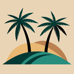 Two palm trees on either side and a hill in the middle