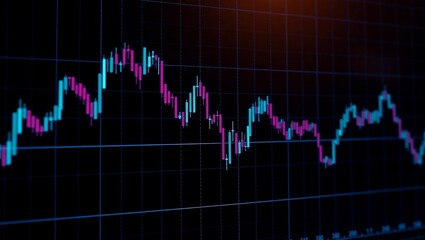 stock market chart, candlestick graph, financial data visualization, glowing neon lines, blue and pink colors, digital display, trading analysis, economic trends, investment dashboard, futuristic inte