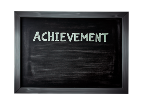 Framed black chalkboard with colorful achievement text isolated against a white or transparent background, achievement message on chalkboard png image