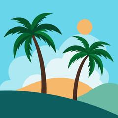 Two palm trees on either side and a hill in the middle