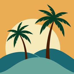 Two palm trees on either side and a hill in the middle