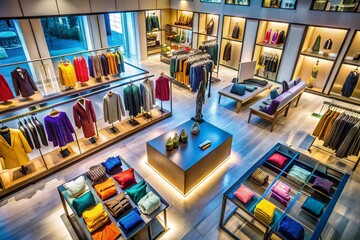 Luxury Fashion Apparel Boutique Drone Shot: Modern High-End Clothing Display