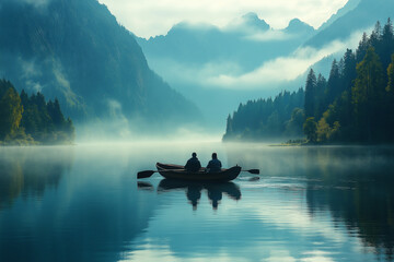 Photo d’un couple de personnes dans une barque sur un lac paisible entouré de montagnes embrumées