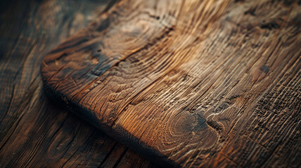 Obraz premium Beautifully Crafted Wooden Cutting Board: A finely finished wooden cutting board showcasing intricate natural grain patterns, representing high-quality craftsmanship.