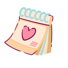 Tear off cartoon calendar with pink heart on paper page and binder. Funny planner of Valentines day holiday, wedding party or date. Love mascot, cartoon cute romantic calendar vector illustration