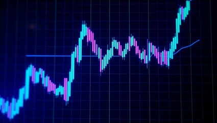 stock market chart, financial graph, blue glowing lines, digital display, trading data, economic indicators, candlestick pattern, price fluctuation, dark background, neon blue, data visualization, fin