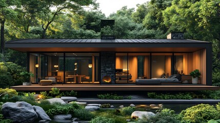 Obraz premium Black steel framed rural home with wooden panels, elevated base design, warm countryside tones, surrounded by greenery, metal roof, 8K high-resolution realistic images,
