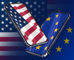 Two smartphones with waving flags of USA and European Union. The concept of mobile communication and digital networking. 3d rendered image.