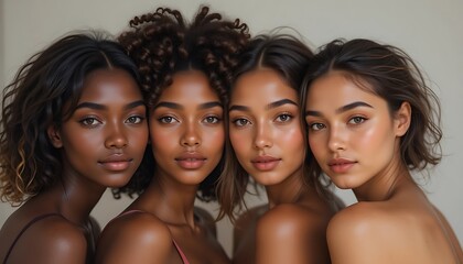 Obraz premium Four beautiful diverse women with flawless skin posing closely together, showcasing natural beauty and diverse ethnicities.