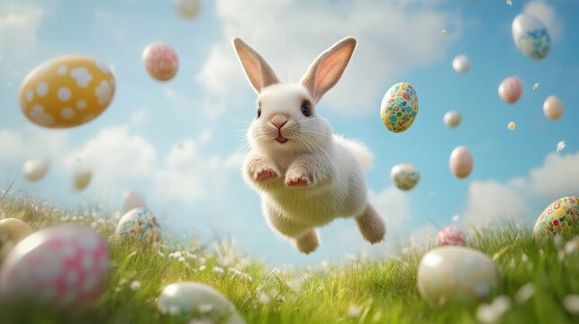 happy Easter bunny jumping with joy with many Easter eggs