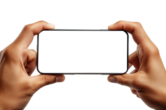 A person holding a mobile phone with a blank screen. PNG