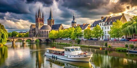 Obraz premium Maastricht, Netherlands: Surreal Boat at Meuse River Quay with Basilica & Bridge