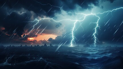 Dramatic Lightning Strikes Over Turbulent Sea During Storm with Dark Clouds and Glowing Horizon at Dusk