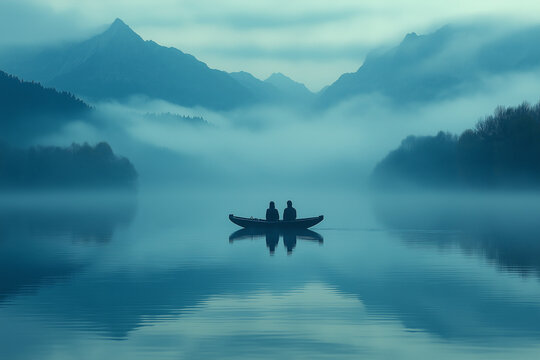 Photo d&rsquo;un couple de personnes dans une barque sur un lac paisible entour&eacute; de montagnes embrum&eacute;es