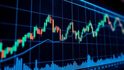 stock market chart, financial graph, blue glowing lines, digital display, trading data, economic indicators, candlestick pattern, price fluctuation, dark background, neon blue, data visualization, fin