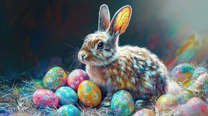 Generative AI image of a rabbit with colorful Easter eggs