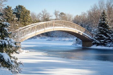 A serene snow-covered bridge arching over a frozen river, framed by snow-laden evergreens