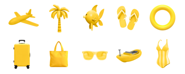 Summer set of 3d icons with elements of seaside recreation in yellow color isolated on transparent background. Vacation, summer holidays, travel icons png