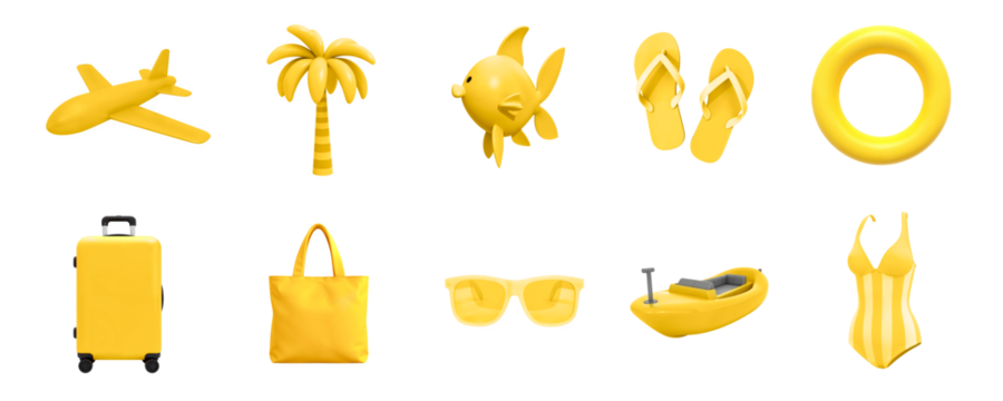 Summer set of 3d icons with elements of seaside recreation in yellow color isolated on transparent background. Vacation, summer holidays, travel icons png