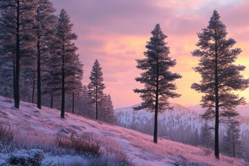 A serene snowy hilltop with tall pine trees and a soft sunrise glow
