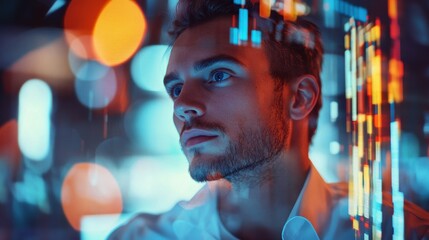 Attractive young european businessman using tablet with creative forex charts on blurry background. Trade and economy concept. Double exposure