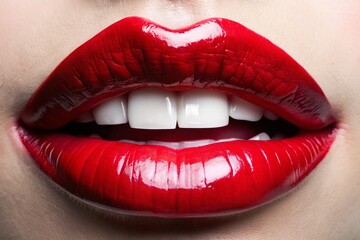 Obraz premium Macro Close-up of Glossy Red Lips and Bright White Teeth on White Background - Stock Photo