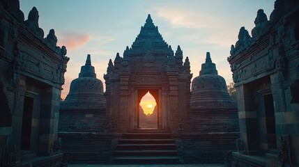 Sunrise at ancient Indonesian temple, peaceful background, spiritual travel