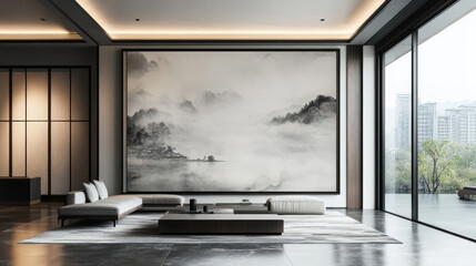 A large Chinese ink landscape painting with misty mountains and rivers, displayed in the living room of an ultra-luxury villa.