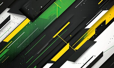Esports background vector design and geometric shapes, white, green, and yellow color scheme, flat colors, black background, 