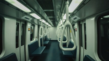 Obraz premium Empty Subway Car Interior , A quiet and subdued interior of an empty subway train. Rows of seats are arranged in a linear fashion.