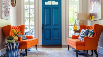 Bright Blue Door with Orange Accent Chairs in a Stylish Entryway with Elegant Interior Design