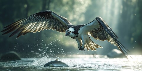 Obraz premium A astounding wildlife image over a setting of natural environment shows an osprey with strong wings extending, holding a salmon in a whirlpool of water lovely shot and space, Generative AI.