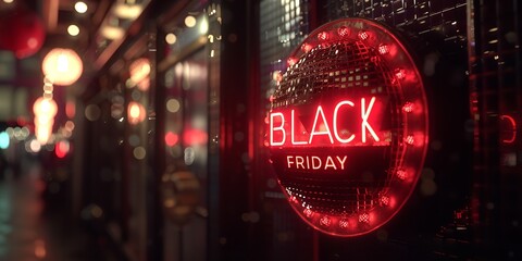 A red neon sign that states "BLACK FRIDAY" over a black setting is lit by red light emitted back in shopping malls neon sign and space, Generative AI.