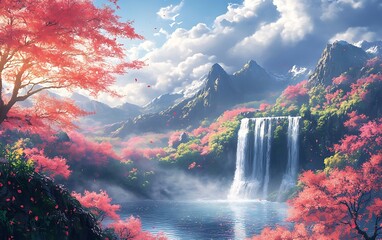 Misty Waterfall Fantasy Landscape with Blossoms