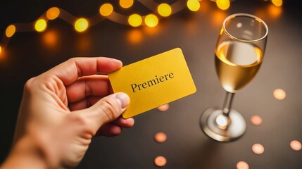 A hand holds a yellow card reading "Premiere" on a table strewn with celebratory coins. A champagne flute gleams in the background.