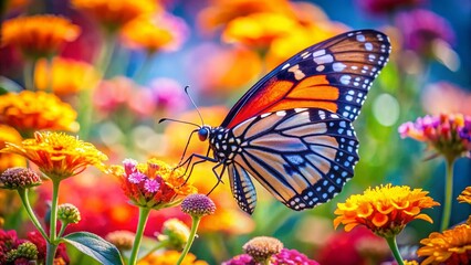 Fototapeta premium Macro Photography: Butterfly on Vibrant Flower Bouquet, Detailed Wings & Pollen