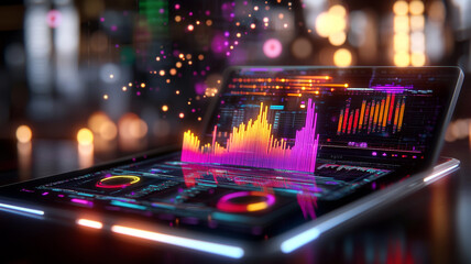 Futuristic Holographic Data Visualization On Laptop Screen