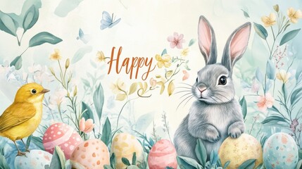 a watercolor painting of a bunny and eggs with flowers and leaves around it, with the words happy easter written in the center of the image, and a yellow bird on the left. Generative AI