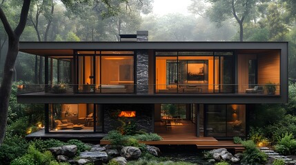 Black steel and wooden rural house design, elevated base, open-air lower level, warm countryside hues, surrounded by a scenic landscape, 8K high-resolution realistic images,