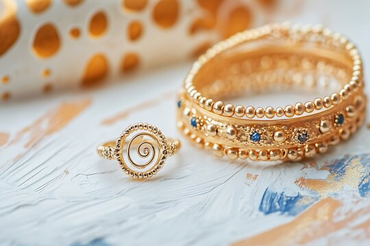 Artistic display of golden bracelets with beaded details and a ring with a spiral motif on a white painted backdrop.