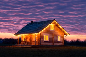 Obraz premium Charming log cabin adorned with twinkling lights under a vibrant twilight sky
